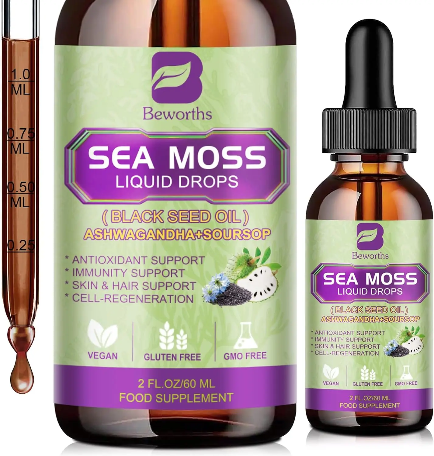 B BEWORTHS Sea Moss Liquid Drops with Black Seed Oil, Ashwagandha, Soursop | Multimineral irish Seamoss Supplement with Bladderwrack, Burdock Root for Immune, Energy, Hair & Digestion Wellness - Vegan