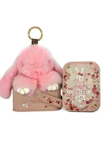 Handmade Bunny PomPom Keychain with Tin Box,Gift for Girls Kids, Charm Accessory for Anxiety Relief, Fluffy Bunny Keychain