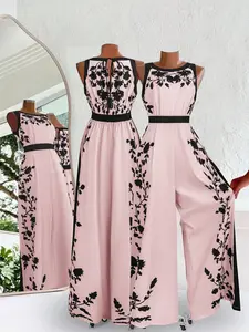 Women's Elegant Colorblock Jumpsuit, Sleeveless Waist Cinching Design, Plant Print Wide Leg Pants, Perfect for Daily Wear, Dates, Weddings, Evening Events