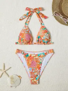 Women's All Over Print O-ring Linked Halter Neck Bikini Set, High Stretch Tie Back Backless Swim Top & Swim Bottom for Beach Holiday Vacation, Summer Beach Bikini, Summer Swimsuit Set, Bikini Swimsuits