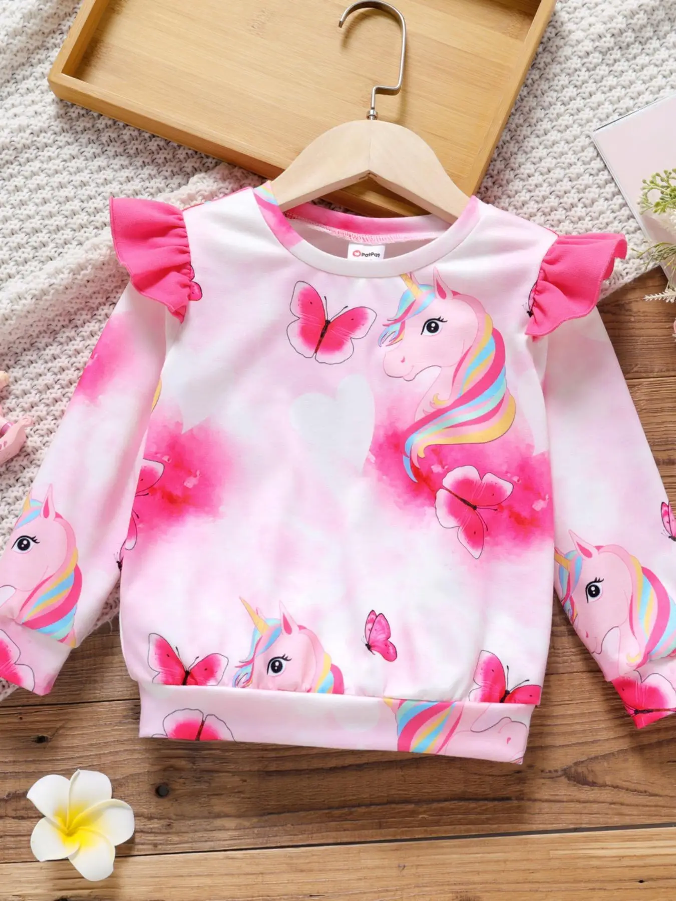Toddler Girl's Cute Cartoon Unicorn Print Ruffle Trim Long Sleeve Sweatshirt, Fashion Casual Round Neck Pullover for Fall & Winter, Girl's Top for Dai