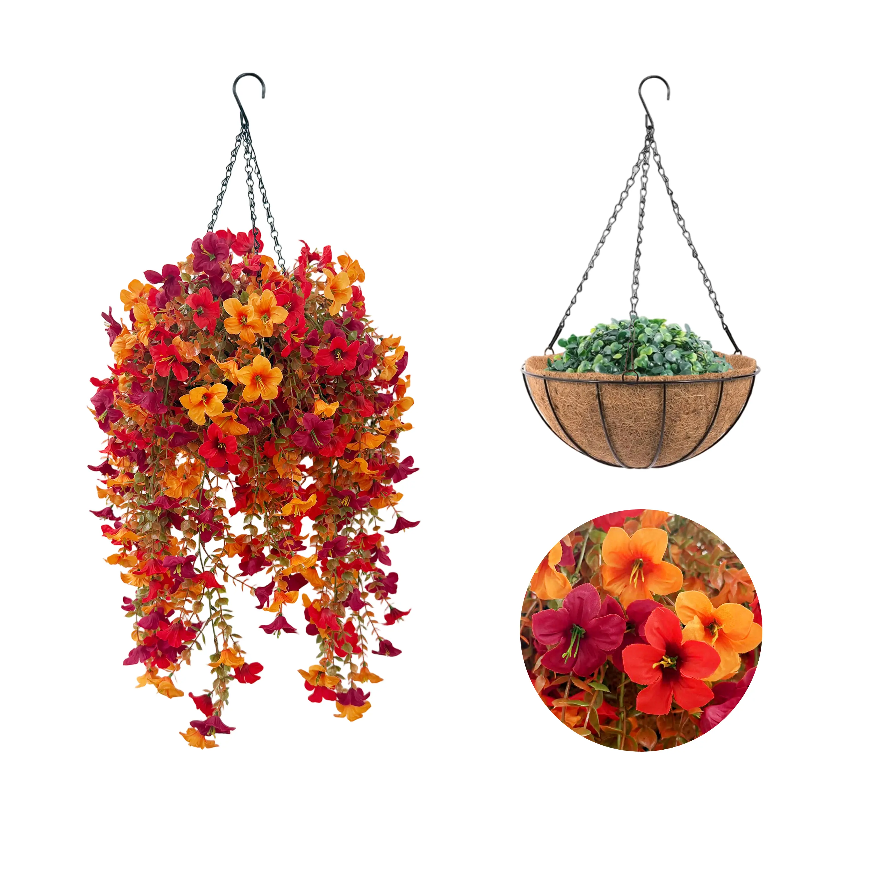 6-Pcs Floral Vines Artificial Fall Hanging Basket Set, Red Orange Faux Morning Glories with Coco Coir Planter & Grass Ball, UV-Resistant Fake Cascading Plants for Outdoor Front Porch Autumn Decor