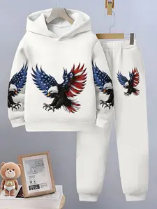 American Eagle Print Set, Blue Hoodie & Sweatpants Two-Piece, Independence Day Theme, Casual Long Sleeve Fitted Suit