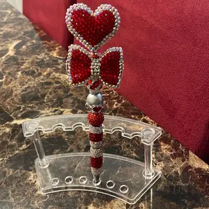 Custom Rhinestone Red Heart & Bow Beaded Pen with Sparkling Beads and Elegant Design