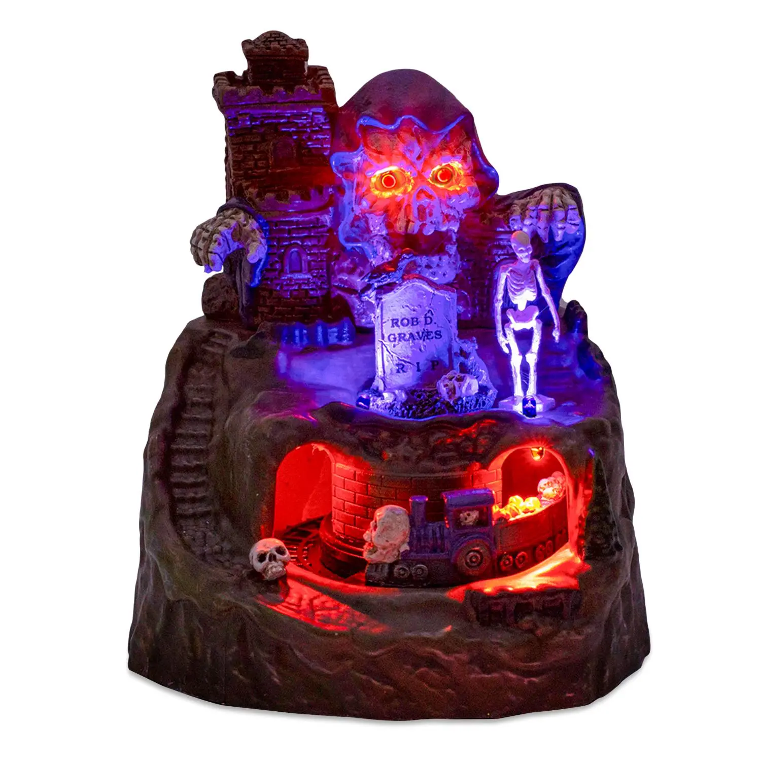 Animated Halloween Village Castle Scene, LED Lighted Spooky Skeleton Graveyard, LED Light Up, Glowing LED Lights, Haunted Train, Reaper, Tombstone, Tabletop Decoration for Holiday Display, Festive Decoration, Home Decor Ornaments