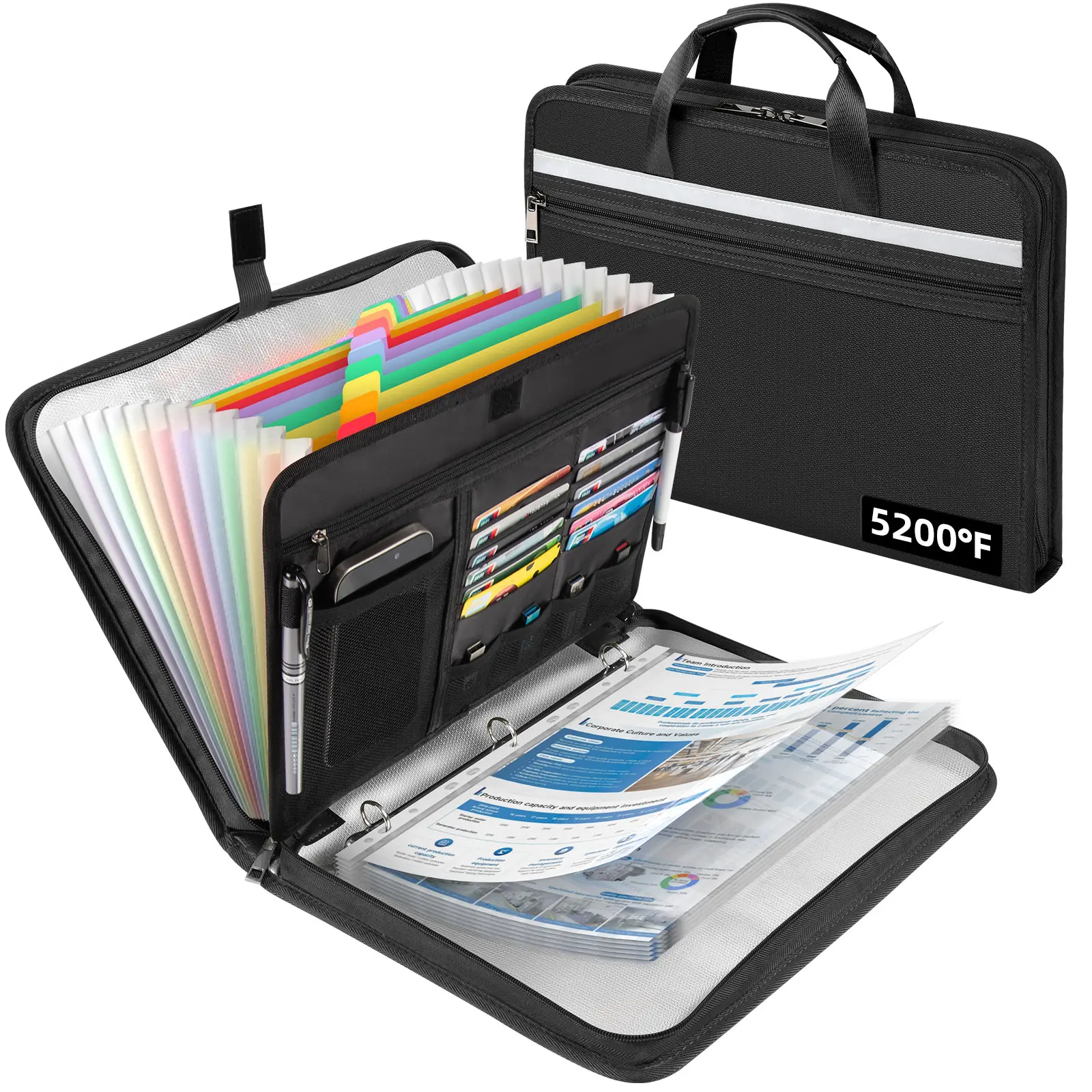 File Organizer Zipper Binder with 30 Sheet Protector,Fireproof Accordion 12-Tab Expanding File Folder with Multiple Pockets,Home School Office Safe Storage for Documents