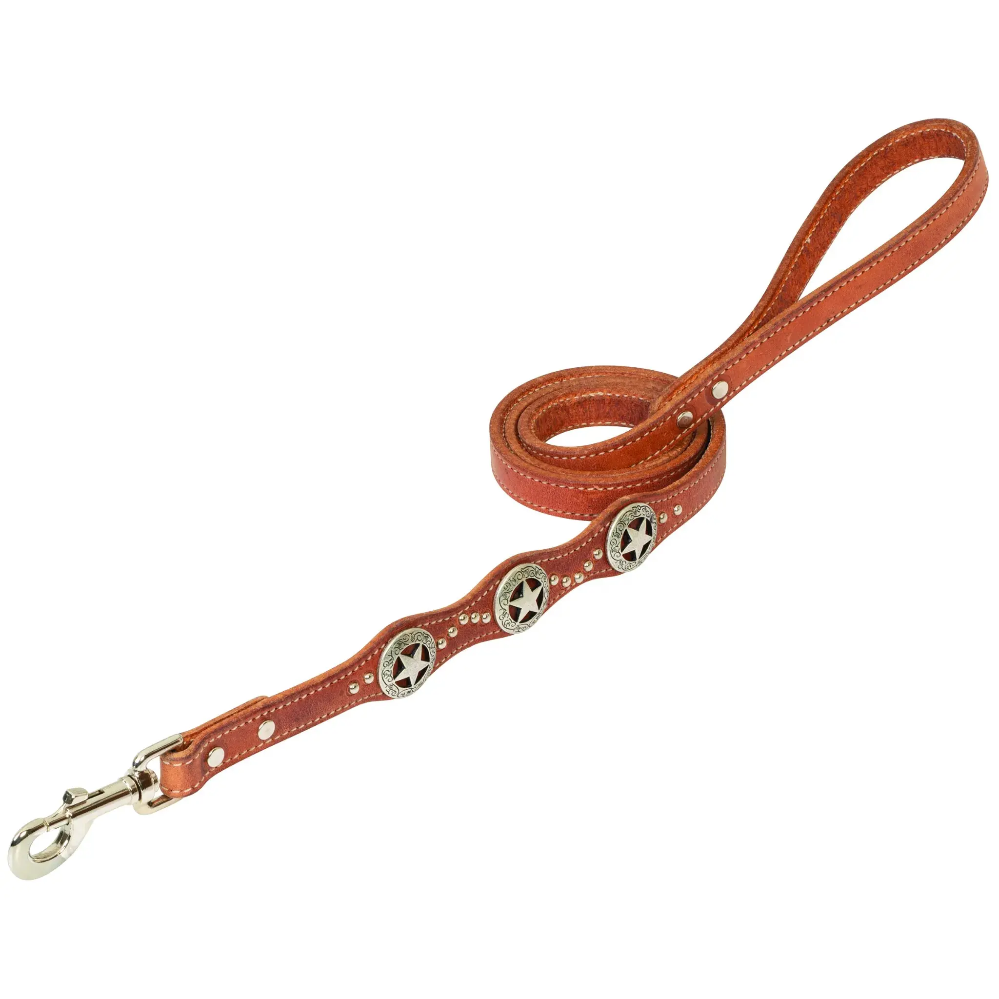 Weaver Leather Texas Star Dog Leash - 3/4" x 4' - Russet Leather with Antique Silver Texas Star Concho