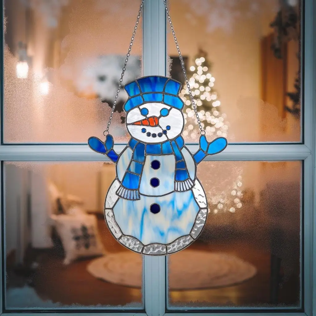 Smiling Snowman Acrylic Suncatcher Hanging Decor, Winter Holiday Window Decor, Christmas Suncatcher Ornament Hanging Decor, Gift for Snow Lovers Hanging Decor, Christmas Window Decor