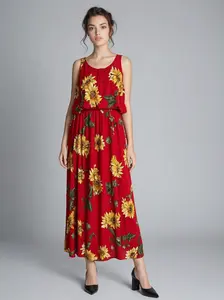 JD737-6 Lady's Sunflower Dress - Unique Floral Motif Design for Ladies - Simple & Distinctive Casual Womenswear - Fresh & Vibrant Look for Summer - Sleeveless Model 737-6