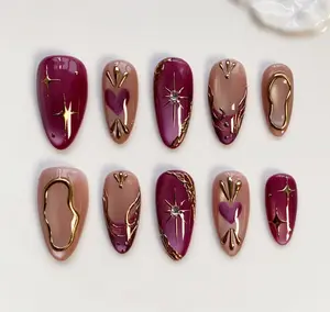Mulberry Press on nails short almond nails/Red Cat Eye Nails/Star Nails/Red nails/3D Gold Chrome nail/Burgundy Nails/Gothic Nails/Heart Nail