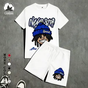 Men's 2-Piece "Never Stop" Graffiti Style Cartoon Character Graphic Outfit, Cotton Short-Sleeve T-Shirt & Athletic Shorts Set, Lightweight Breathable Casual Activewear, Ideal for Summer Streetwear, Hip Hop Fans, Gift for Boyfriend