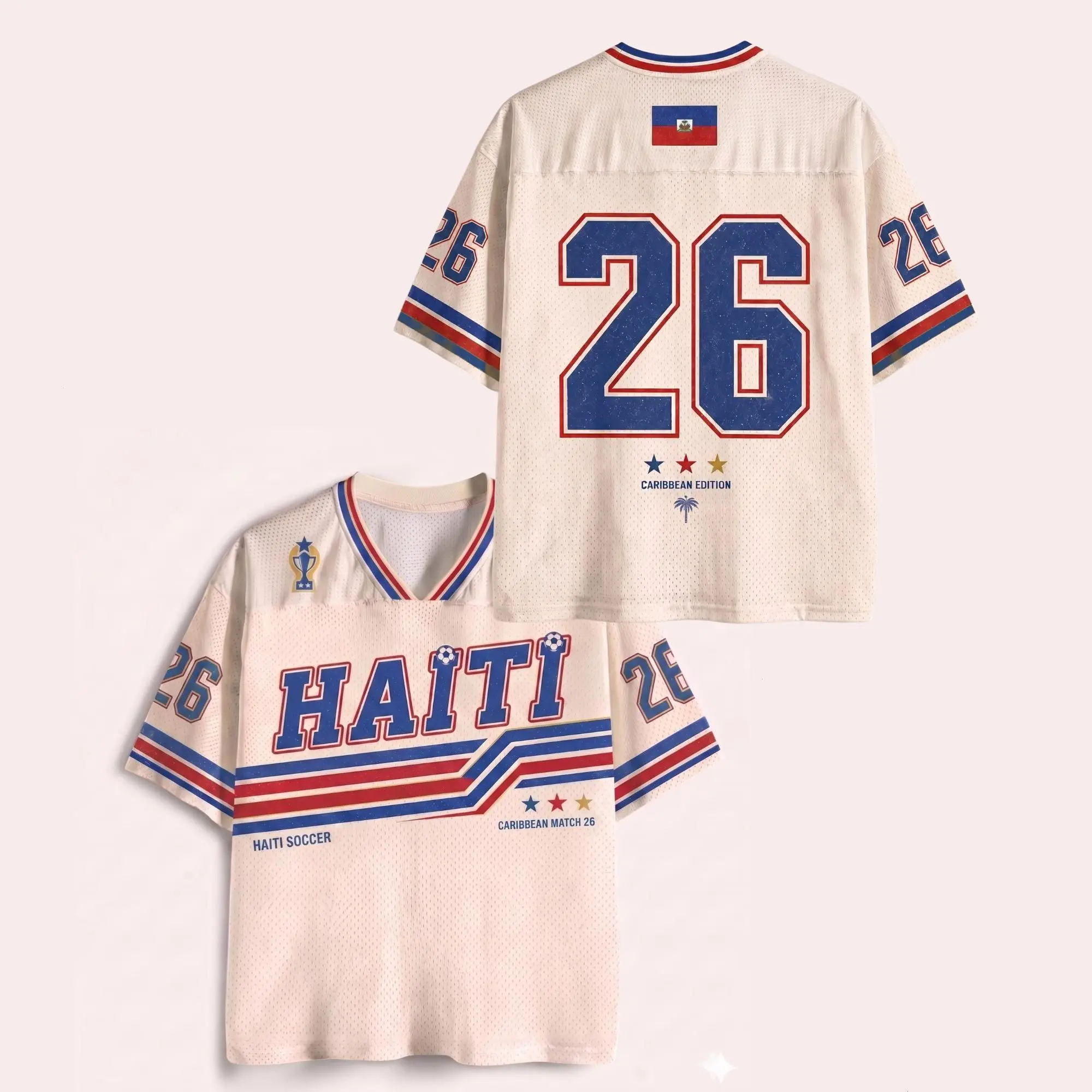 Haiti Mesh Pique Blend Soccer Jersey - Retro Caribbean Short-Sleeve Sport Top, Unisex Inclusive Cut, Sublimated Print Fan Gift, Quick Dry, Cold Wash, Non-Chlorine Bleach, Cool Iron on Reverse, Do Not Dry Clean, Novelty Print, S
