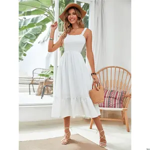 Women Outfits Beach Vacation Dress Shirred Frill tiktok Holidaya Solid Trim Maxi