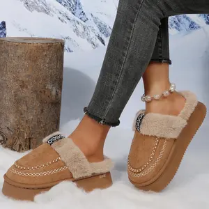 Winter Women's Fleece Slippers Embroidered Suede Clogs with Plush Lining Comfortable Casual Indoor Outdoor Shoes