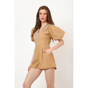 Womens Floral Embroidered Romper Brown, XS to XL