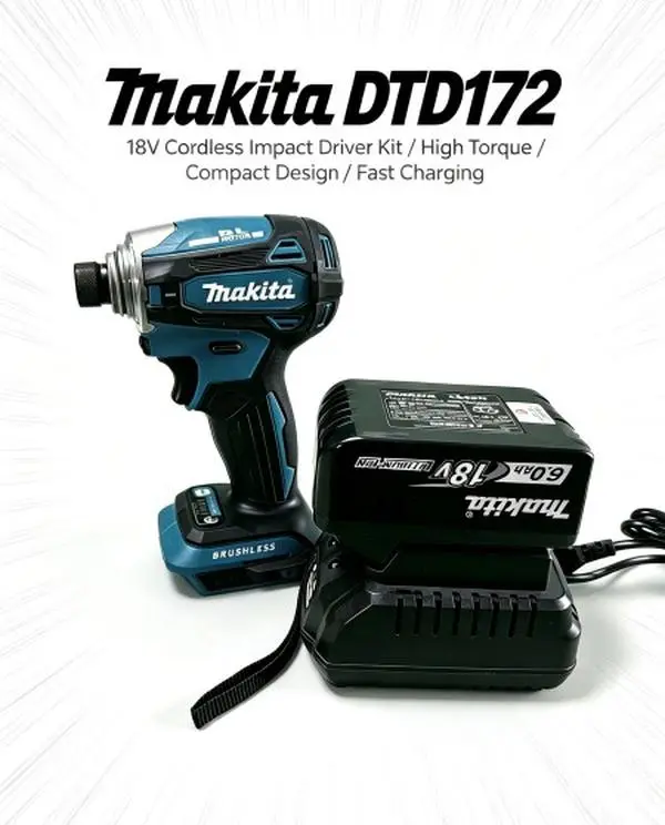 Makita DTD172 Portable Impact Driver, Brushless Battery Powered Hand Machine Used In Workshop Decoration Mechanical Assembly Home Fixing, Torque Controllable With Auxiliary Lighting, Matched With Waist Buckle Accessory kit