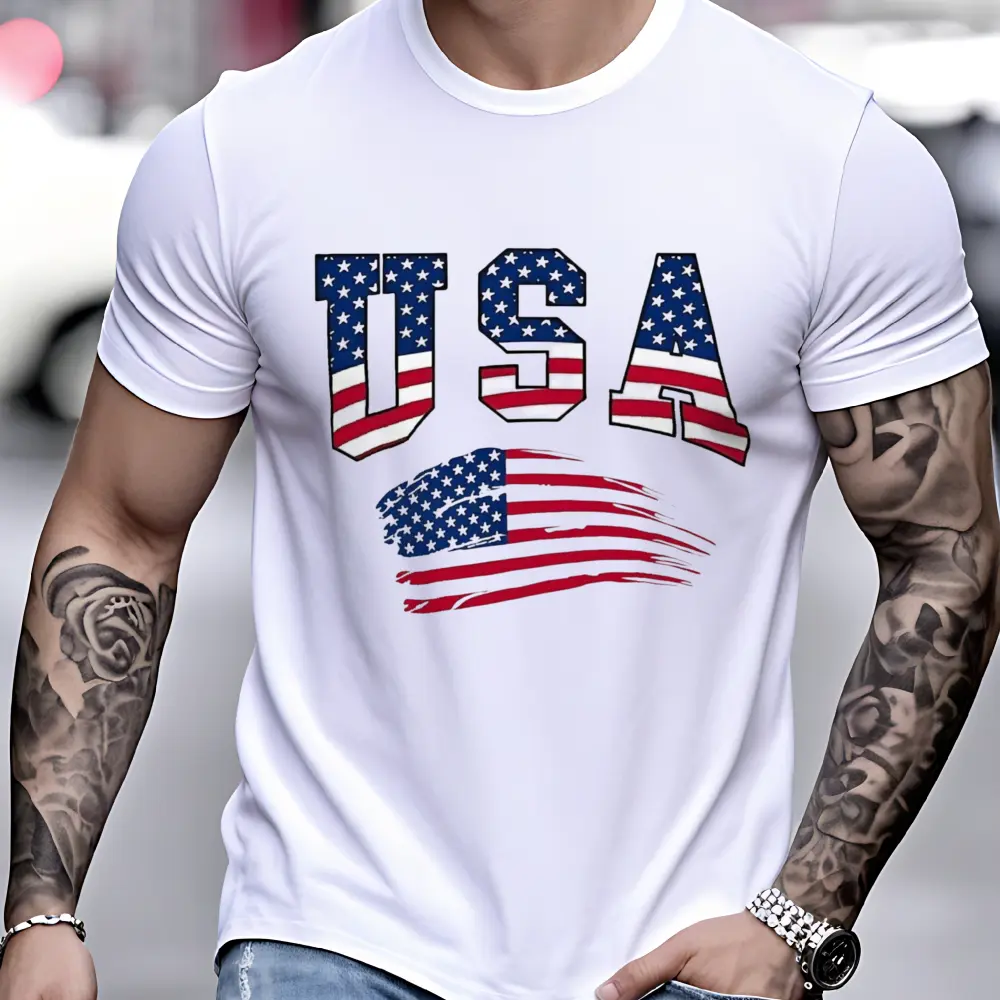 Men's Patriotic USA Flag Graphic Cotton Top - Menswear, Short-Sleeve, Streetwear, Casual, Breathable, Loose-Fit, Round-Neck Summer Sports Essential, Machine Washable, Shortsleeve, Tshirt