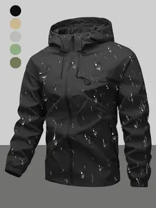 Men's Waterproof Windproof Hooded Jacket, Windproof Outerwear, Drawstring Zipper Pocket Design, Casual Long Sleeve Outdoor Coat for All Seasons