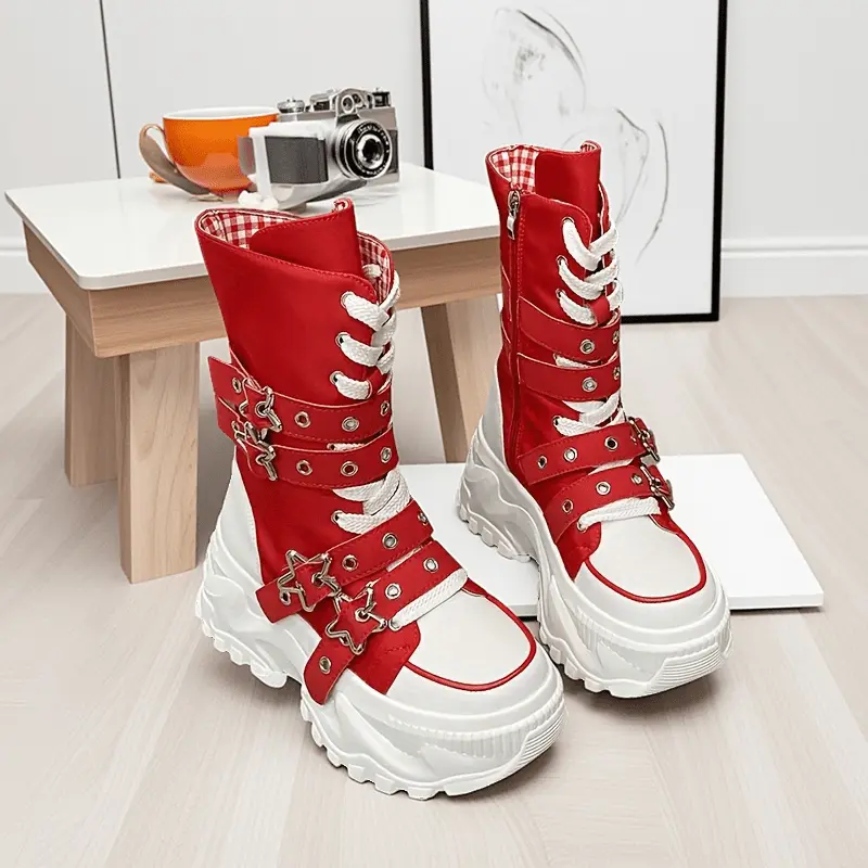 Women's Mid-Calf Platform Boots, Chunky Punk Canvas Lace-up with Star Buckle Straps, Comfortable Goth Streetwear Walking Shoes, Fabric, Comfortable Heels, Classic, Footwear, Cuban, Stars