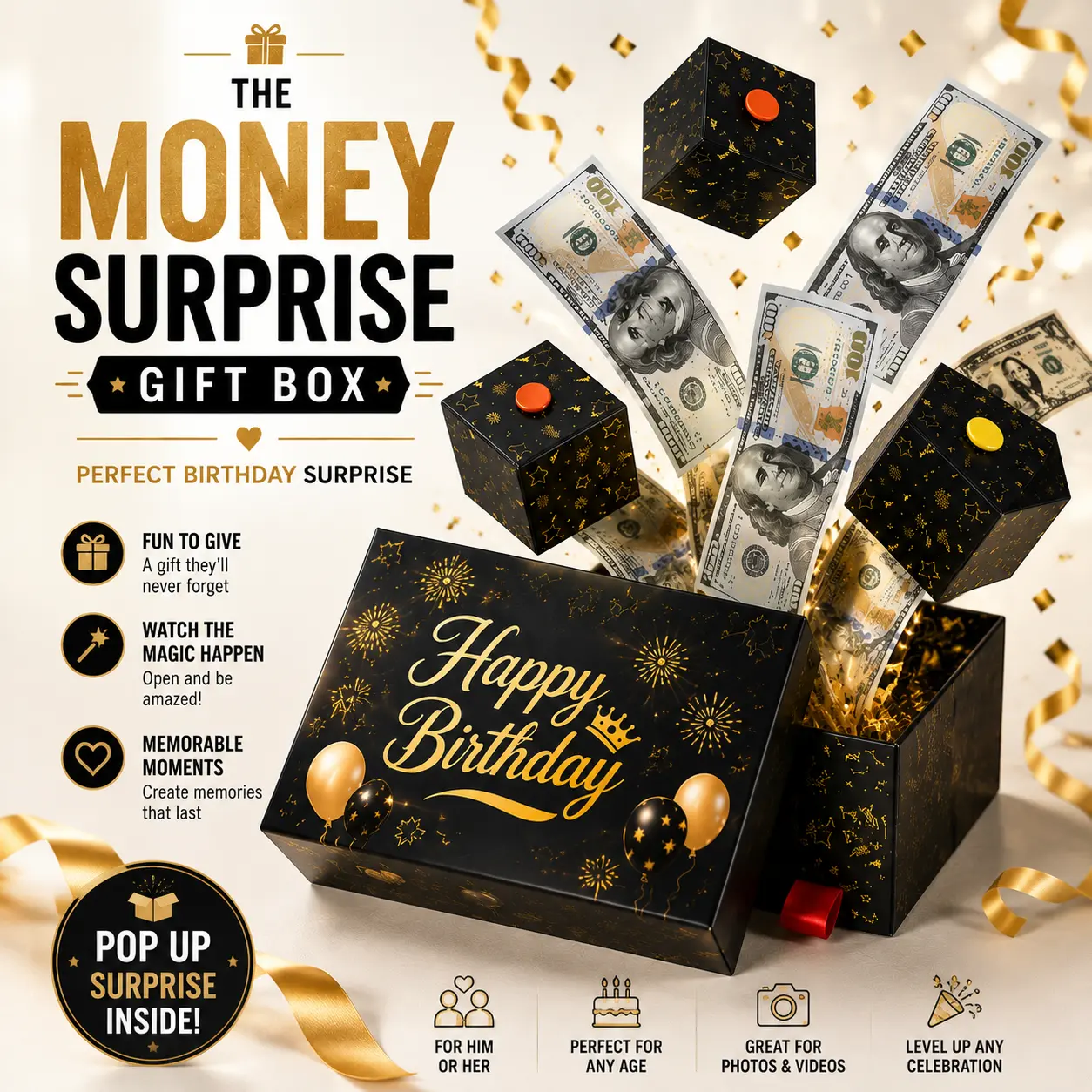 WenmthG Surprise Gift Box Explosion for Money DIY Folding Bouncing Cash Pop Up Box with Confetti Birthday Money Bank Cash Gift Idea for Birthday Christmas Graduation for Women Men Kids All Ages Multicolor