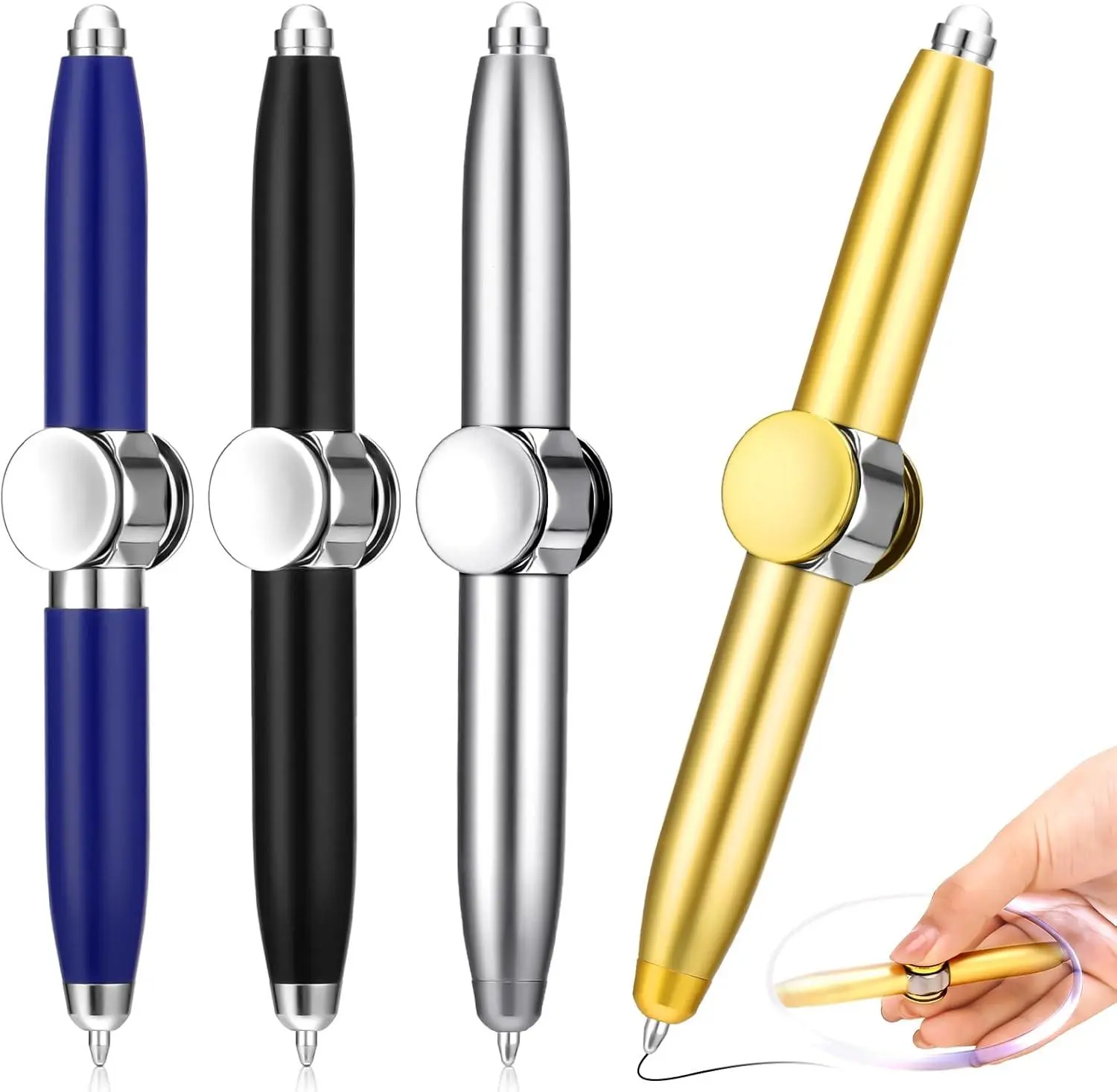 VeoCare 4 Pieces Spinning Fidget Pen Fidget Ballpoint Pen Metal Writing Tool Practical Pen Stress Reducer Ballpoint Pen with LED Light gadget cool gadget