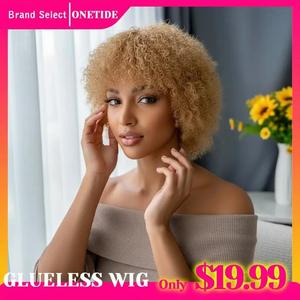 Glueless Wigs Human Hair Short Afro Kinky Curly Blonde Wigs For Women Human Hair Put on & go Soft and Fluffy Glueless Wigs 70s 80s Hair Kinky Curly Wig Cosplay or Daily Use Wigs 180% Density Work Wig Onetide Hair