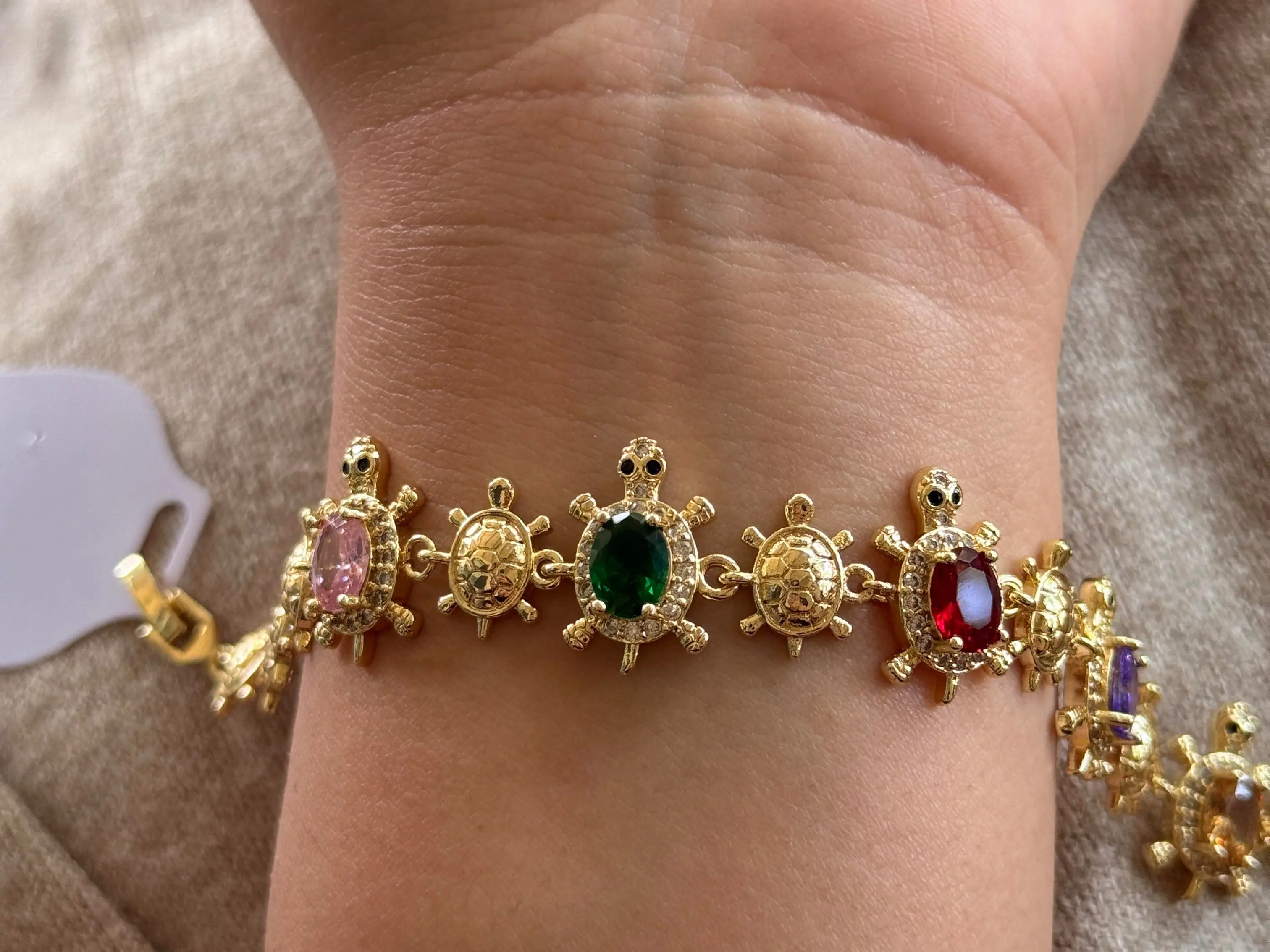 Gold Plated Link Bracelet with Adorable Multicolor Turtle Charms and Secure Clasp, Elegant Animal Jewelry for All Seasons, Adorable Turtle Charms, Colorful Simulated Gemstones, Choking Hazard Small Parts, Clean With Soft Cloth, Daily, Jewelry For Women, S