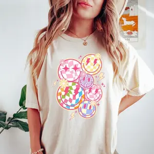 Trendy Checkered Smiley Face Tshirt, Checkered Smiley Face Shirt, Checkered Smile Face Sweatshirt, Gift For Her Womenswear Summer