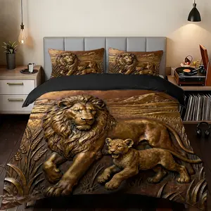 2/3 Pcs Lion King And Cubs Copper Sculpture Art Ultra-High-Definition Digital Printed Duvet Cover Set(1* Duvet Cover+1/2* Pillowcase,No Inner Core),100% Polyester Fiber,Suitable For All Seasons,Machine Washable,Perfect Gift For Family