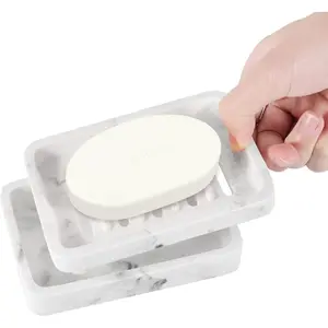 Soap Dish Tray, Double Layer Draining Sponge Holder, Detachable Box for Shower, Kitchen Sink-White Marble
