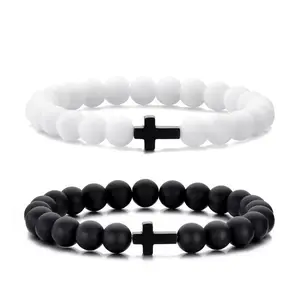 2Pcs Retro Stone Beaded Bracelet Men Cross 8mm White & Black Bead Bracelets Vintage Unisex Beaded Couple Chain Gift Set
