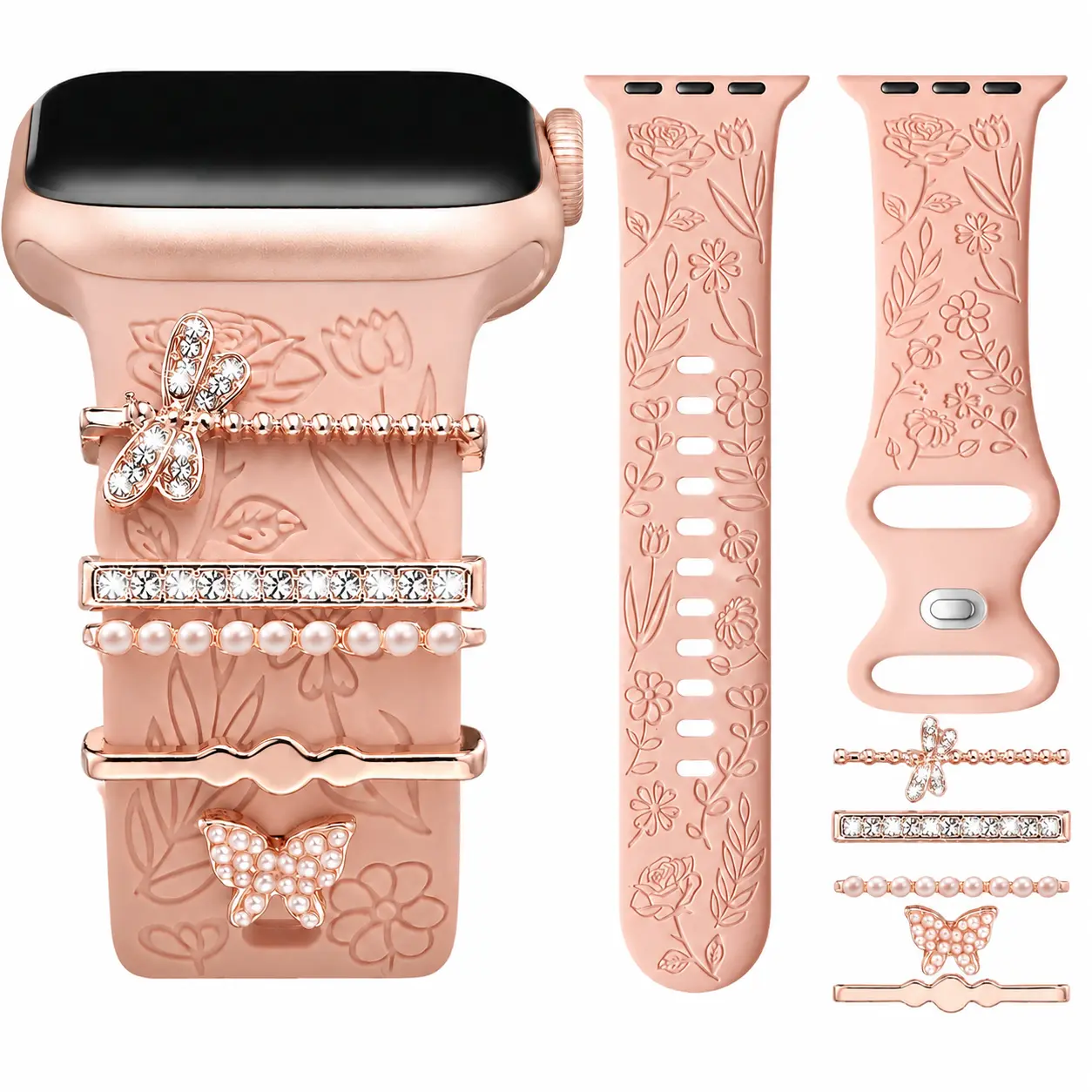 BROULIT Cute Floral Engraved Watch Band with DIY Charms, Soft Silicone Adjustable Replacement Strap, Fashion Decorative Wristband for Women Compatible with Apple Watch 38mm-49mm