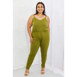 Capella Comfy Casual Full Size Solid Elastic Waistband Jumpsuit in Chartreuse