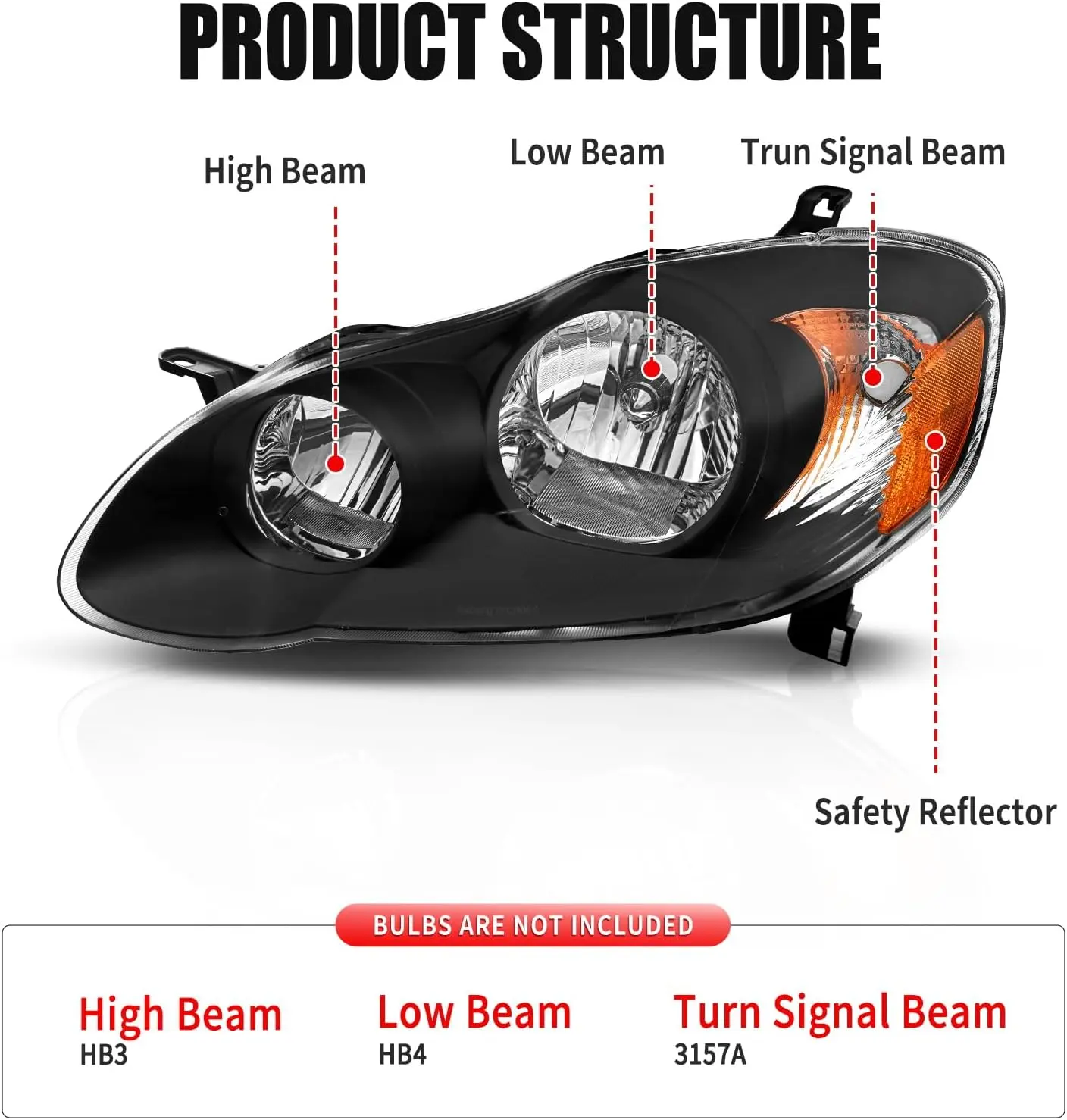Headlight Assembly Compatible with 2003-2008 Toyota Corolla, Clear Lens Black Housing Amber Reflector, Replacement Headlamp, Driver & Passenger Side Complete Pair