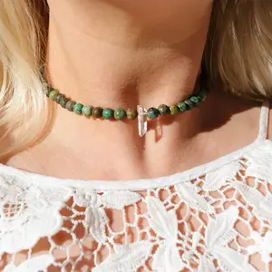 African Turquoise & Quartz Beaded Choker Necklace