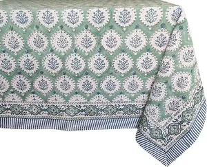 ATOSII Kari Green 100% Cotton Rectangle Boho Summer Tablecloth, Block Print Floral Table Cloth Linen for Dining, Parties, Wedding, Outdoors Home Decor 72 X 140 Inches I 12 Seater I