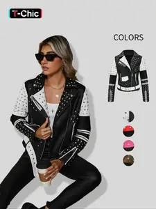 Women's Spring Autumn Jacket with Belt, Casual Vintage Simple Motorcycle Jacket, Rivet Coat with Pockets and Asymmetrical Zipper, Zip Front Jacket, Colorblock Jacket