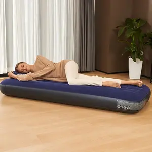 Portable Plush Thick Inflatable Mattress |     Heavy-Duty Foldable Striped Air Bed for Camping Hiking Guest Use