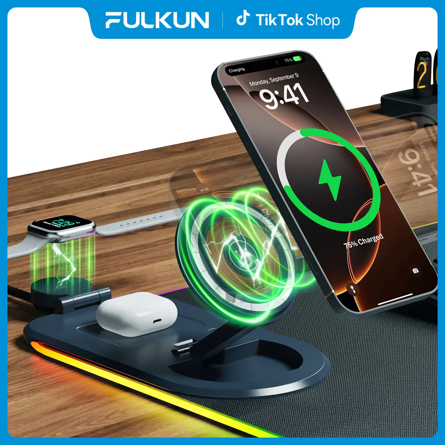 XXL 3-in-1 Wireless Charging RGB Mouse Pad with LED Lights,Charge Phone, Watch & Earbuds, XL Extended Desk Mat31.5x11.8 inch