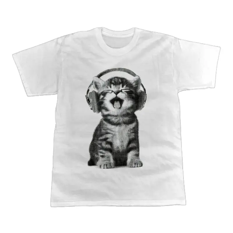 Groovy Cat with Headphones Tee Y2k Graphic Tshirt Vintage Unisex Cotton Crewneck Menswear Womenswear Streetwear Top Hoodie Printed Tshirt Wetsuit Casual Shortsleeve Tropical