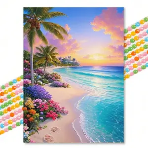 Tropical Beach Sunset Diamond Art, Healing Island Style, Full Drill DIY Round Drills, 30x40cm Wall Decor for Living Room Bedroom Entryway