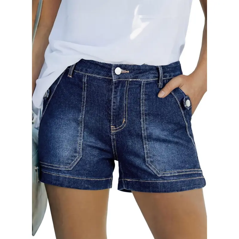 Women's High-Waisted Stretch Denim Short Shorts - Distressed, Fitted Slimming Crop, Premium Fabric, All-Season Casual, Multi-Size, Penny Patch Pocket, Belt Loops, Button Closure, Trendy Graphic Vibe, High Waisted Shorts