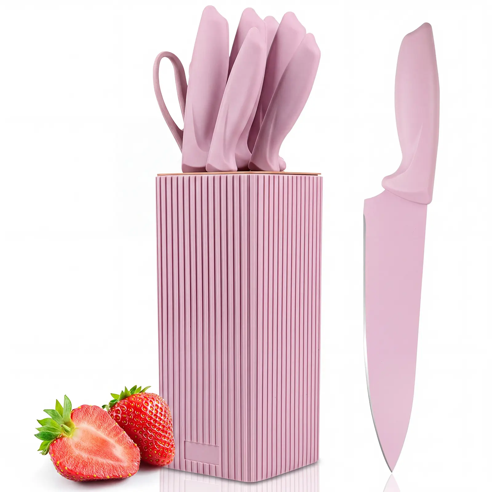 8-Piece Pink Knife Set, with Universal Knife Block, Kitchen Knife Set for Chef, Sharp Knife Set, Anti-Rust Kitchen Knife set, Stainless Steel Cutting Nonstick  Knives with Ergonomic Handle Dishwasher Safe summervibes️