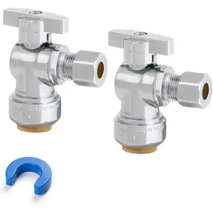 Angle Stop Valve, 1/2" PTC x 3/8" OD Compression, Toilet Water Shut Off Valve for PEX, Copper, CPVC Pipe, Quarter-Turn Push to Connect Brass Plumbing Fitting with Disconnect Clip, 2 Pack