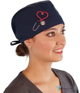 Cotton Surgical Scrub Cap with Unique Flair - Navy Cap with Heart Stethoscope Patch
