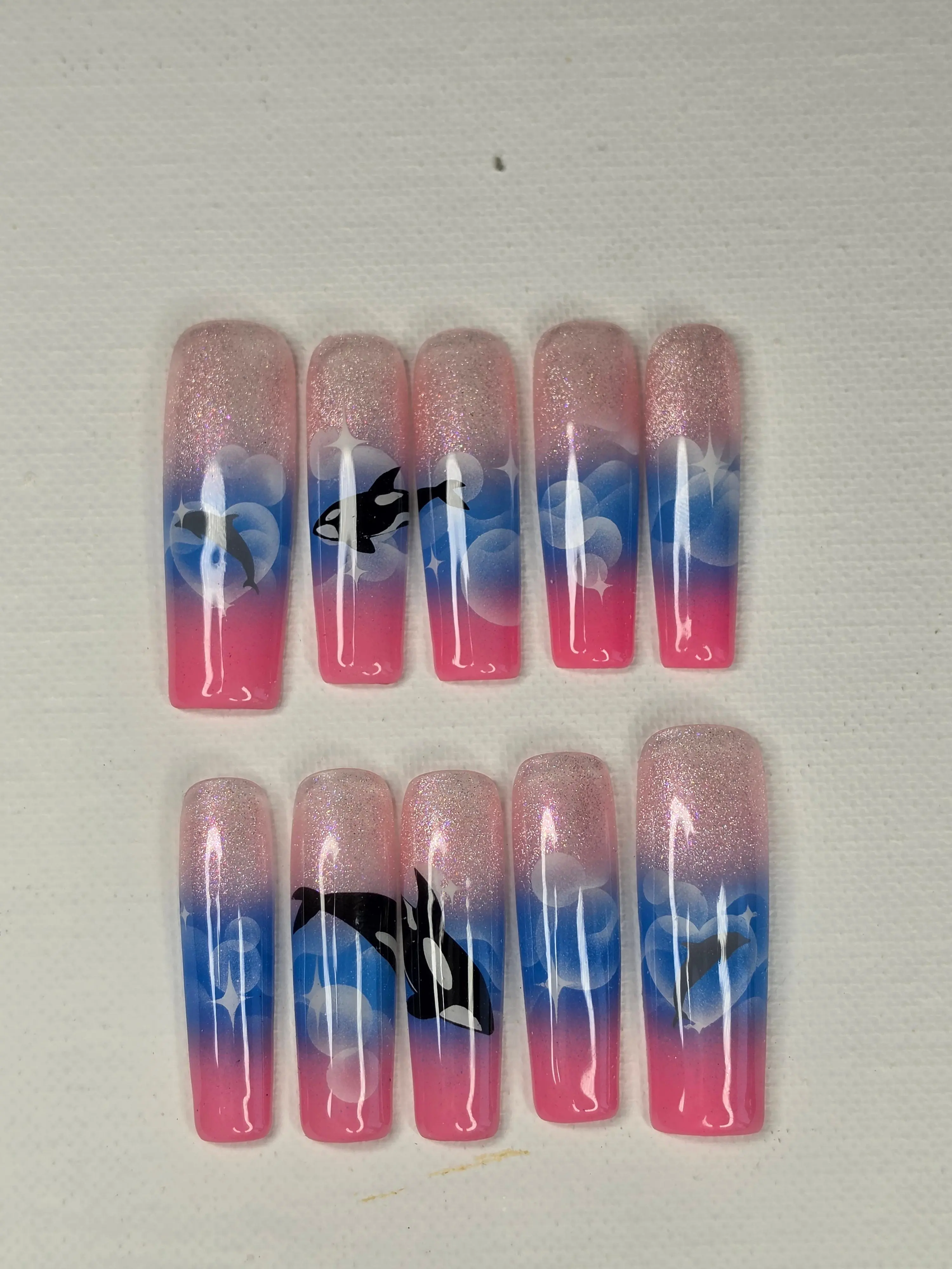 Ocean Dream" Orca & Dolphin Airbrush Press On Nails | XL Square Medium