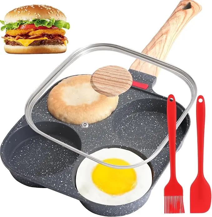 4-Cup Egg Pan with Lid, Premium Egg Pans Nonstick, Omelette Pan with Lid , Healthy Egg Frying Pan for Breakfast, Egg Sandwich, Hamburger, Pancake, Egg Skillet Suitable for Gas Stove & Induction Cookware Aluminium