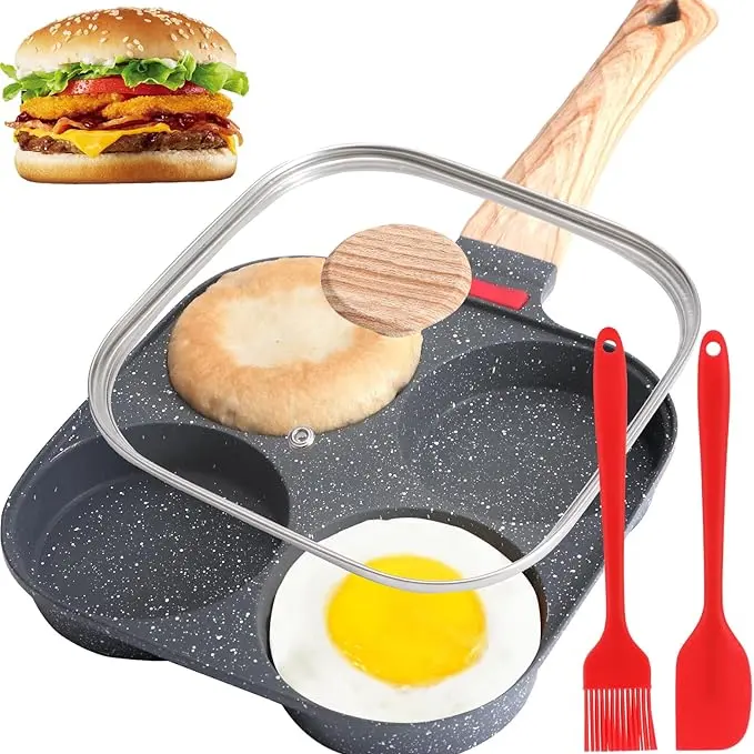 4-Cup Nonstick Egg Pan with Lid, Premium Egg Pans Nonstick, Omelette Pan with Lid & Spatulas , Healthy Egg Frying Pan for Breakfast, Egg Sandwich, Hamburger, Pancake, Egg Skillet Suitable for Gas Stove & Induction Cookware Aluminium