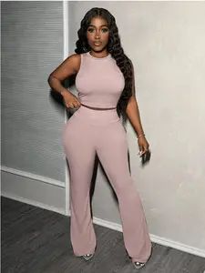 Set summer casual all match ribbed sleeveless tank top and flare pants set