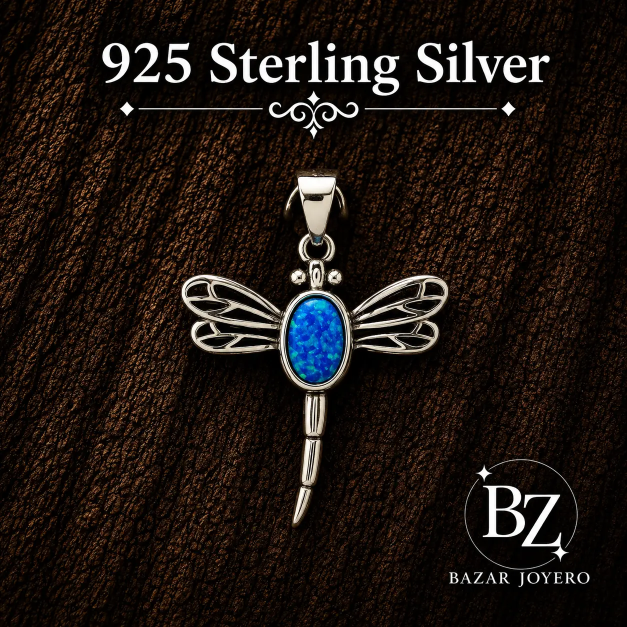 925 Sterling Silver Dragonfly Pendant with Blue Lab Opal Inlay